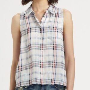 Equipment 100% Silk Mina Plaid sleeveless button down collared blouse white M